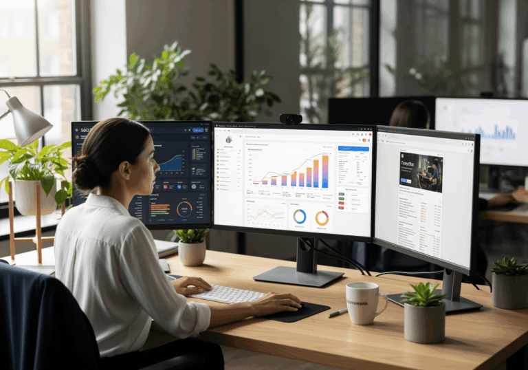 Person Analyzing Data On Multiple Screens.