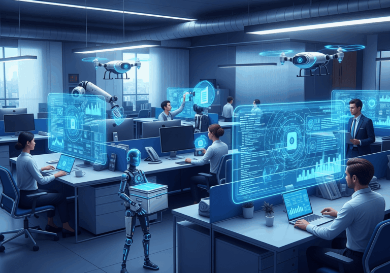 Aipowered Office With Futuristic Holographic Interfaces And Drones, Emphasizing Ai Marketing Technology In Bulgaria.