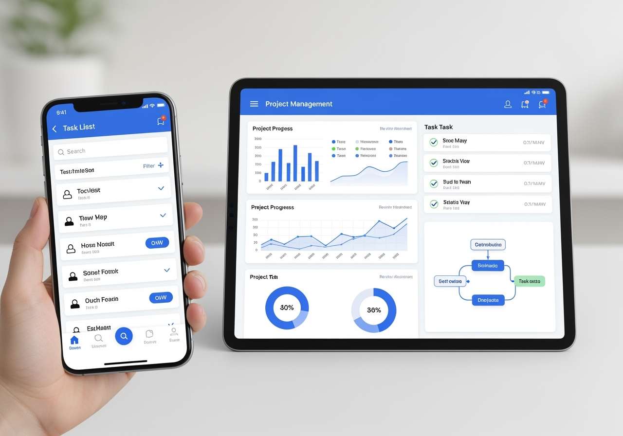 Modern Project Management App Interface Displayed On Smartphone And Tablet Showing Dashboards, Charts, And Workflow Management Tools For German Sme Businesses