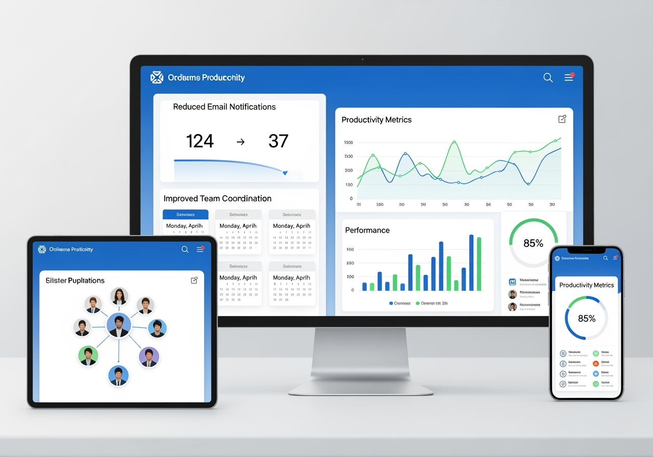 Business Productivity Dashboard Showing Team Collaboration Improvements, Reduced Email Notifications, And Upward Trending Performance Metrics On Multiple Devices