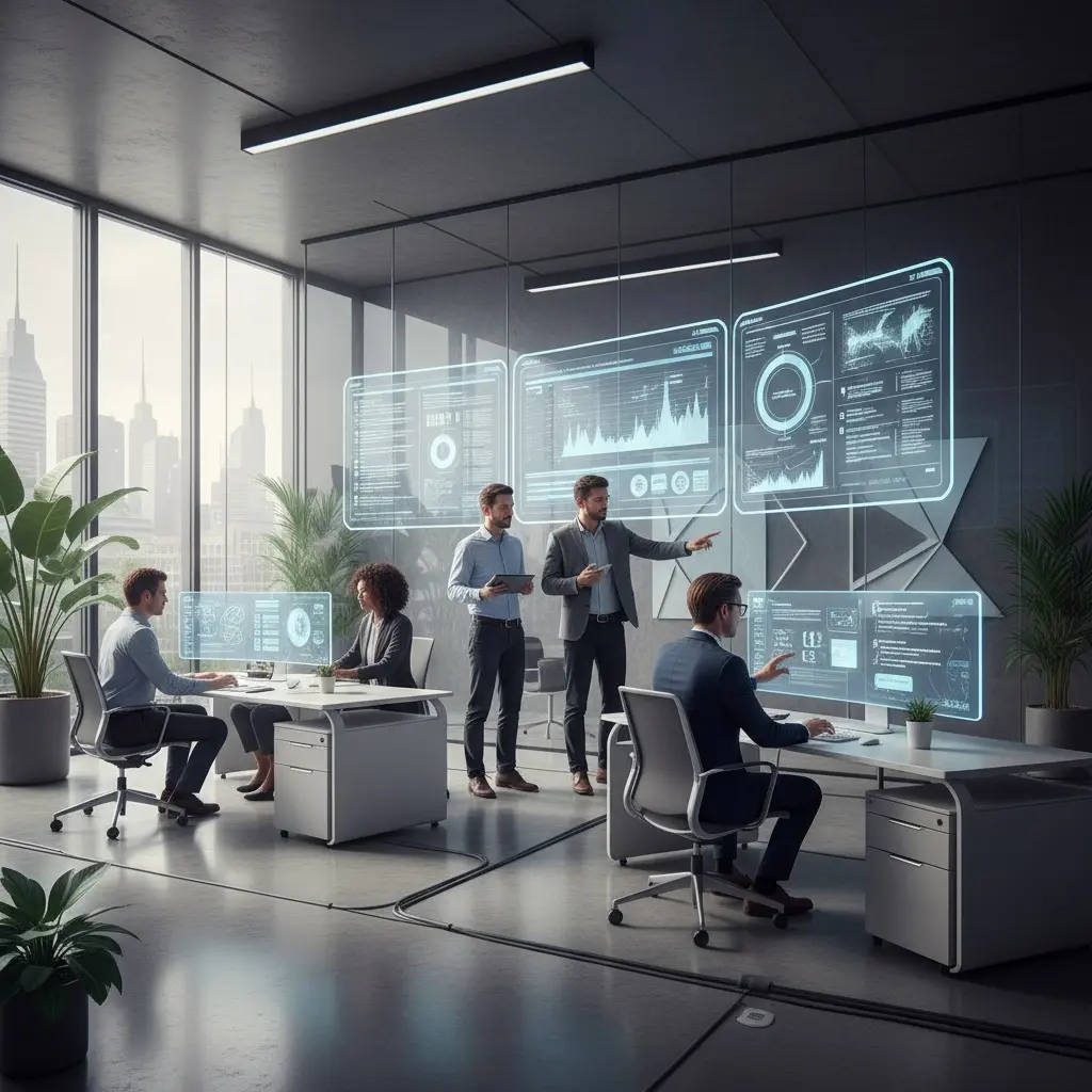 Enterprise Projektmanagement Enterprise Projektmanagement Team Arbeitet Mit KiGestützten Tools In Modernem Büro