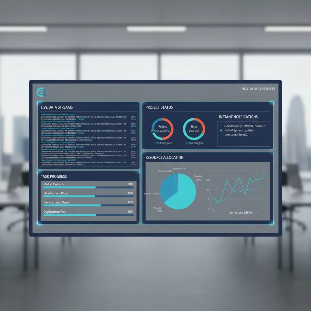 EchtzeitMonitoringDashboard Mit LiveDatenströmen, ProjektstatusIndikatoren Und RessourcenÜbersicht