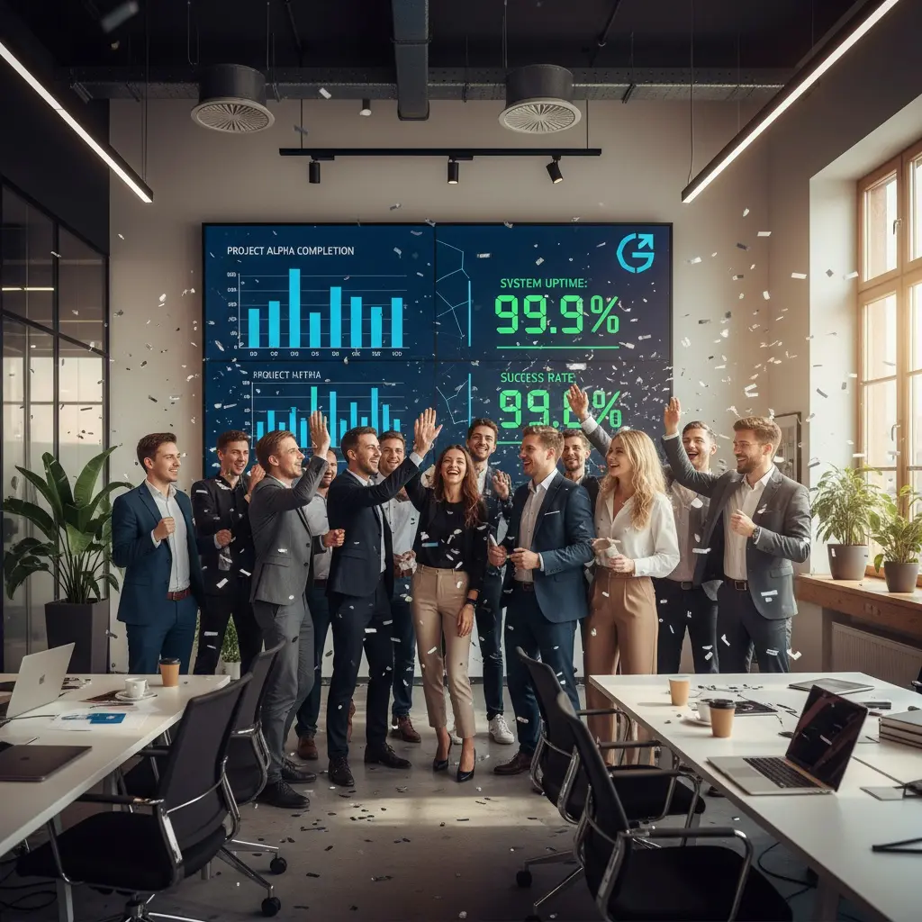 Enterprise Projektmanagement Feierliche Teamveranstaltung Mit Erfolgsstatistiken.